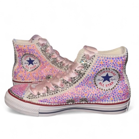 Luminous Pink & Crystal High Top Converse Sizes 5-14 New In Box With Ribbons - Picture 1 of 14